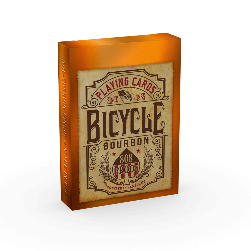 Eine Bicycle Creatives Bourbon Kartenschachtel steht mit sichtbarer Vorderseite vor einem weißem Hintergrund.