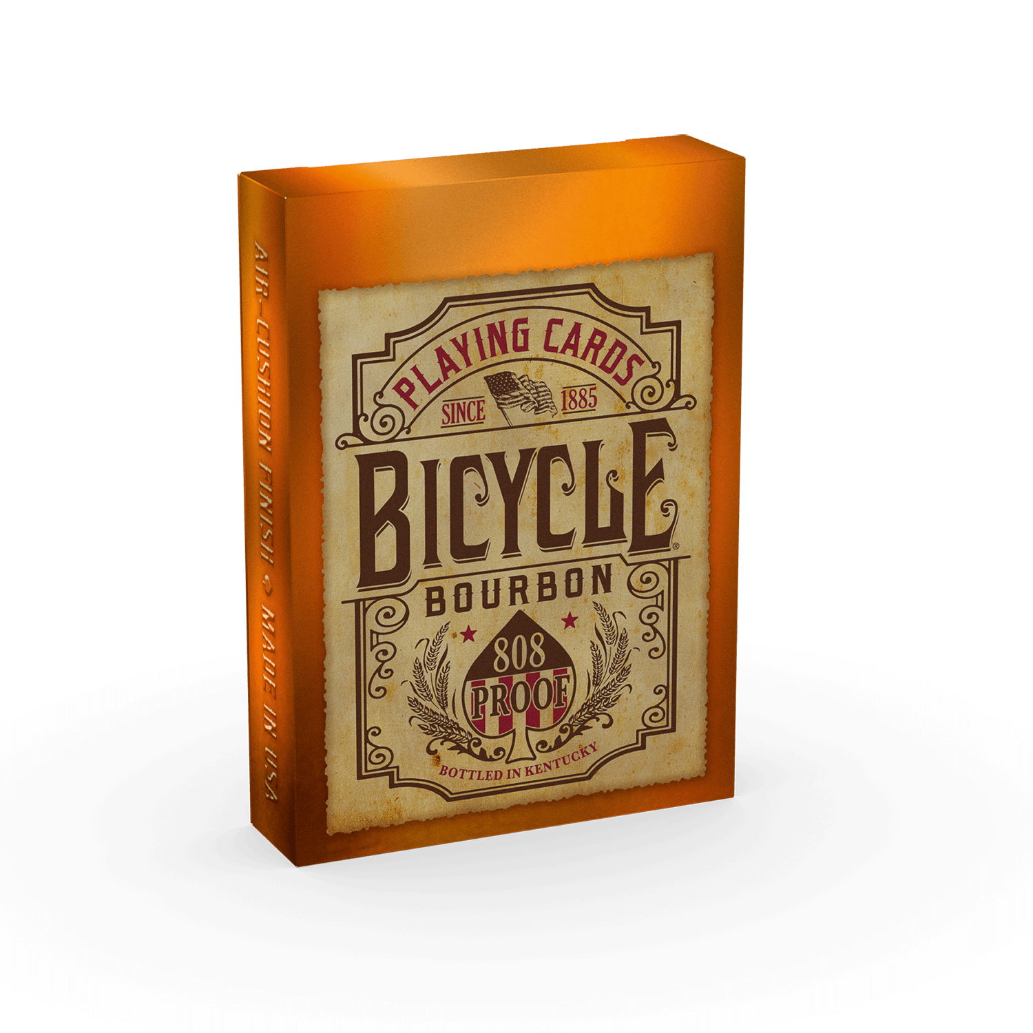 Eine Bicycle Creatives Bourbon Kartenschachtel steht mit sichtbarer Vorderseite vor einem weißem Hintergrund.
