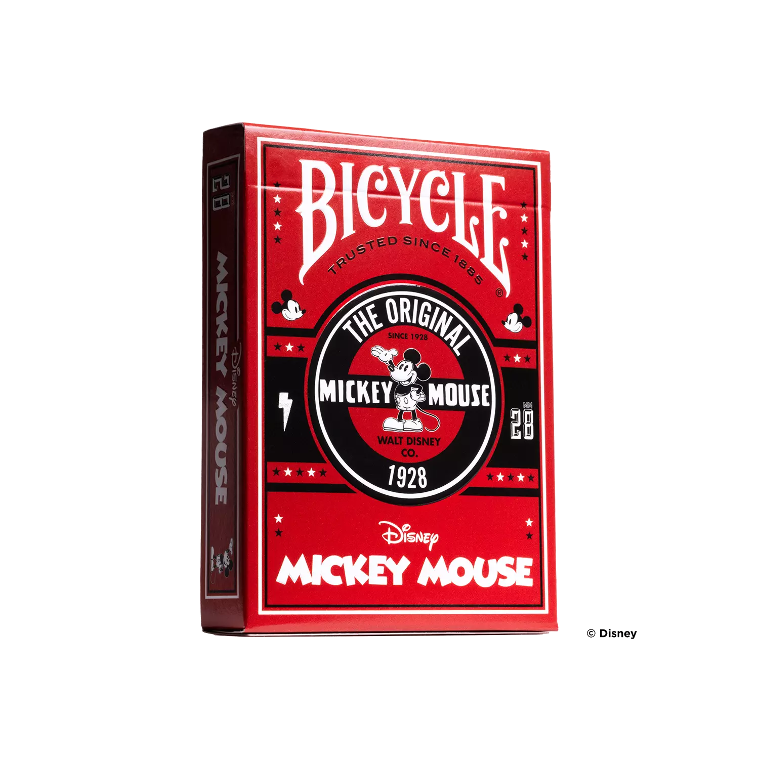 Eine Bicycle Creatives Bicycle Disney Classic Mickey Kartenschachtel steht mit sichtbarer Vorderseite vor einem weißem Hintergrund.