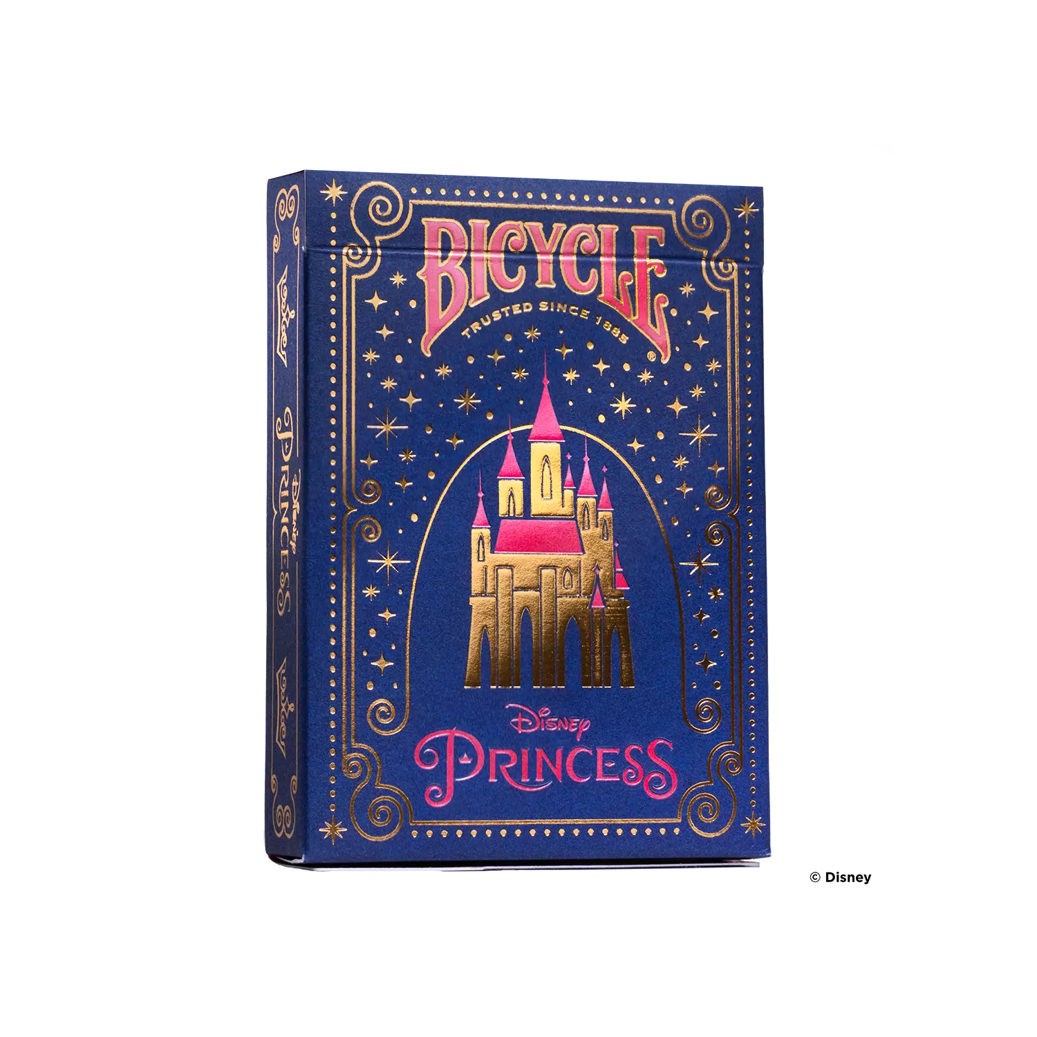 Eine Bicycle Ultimate Bicycle Disney Princess navy Kartenschachtel steht mit sichtbarer Vorderseite vor einem weißem Hintergrund.