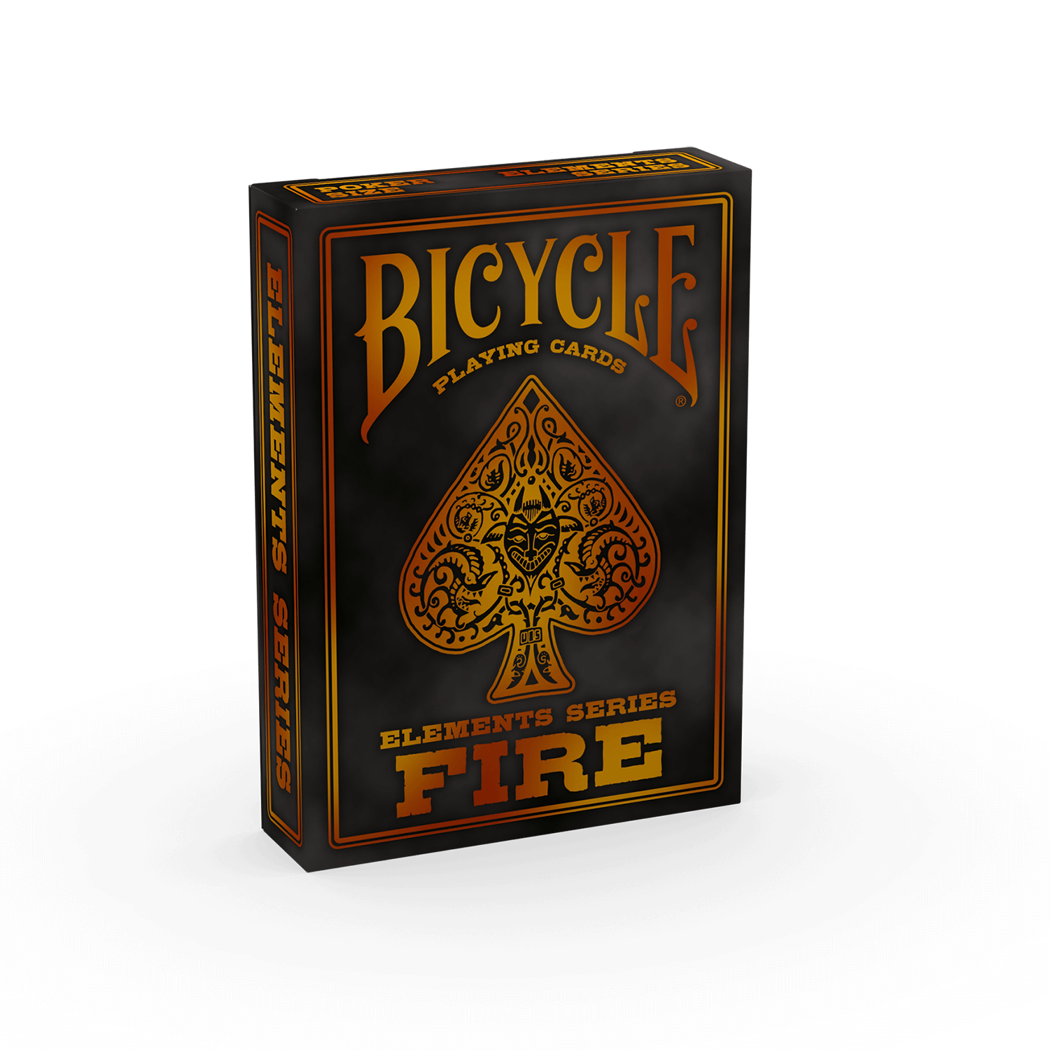 Eine Bicycle Creatives Fire Kartenschachtel steht mit sichtbarer Vorderseite vor einem weißem Hintergrund.