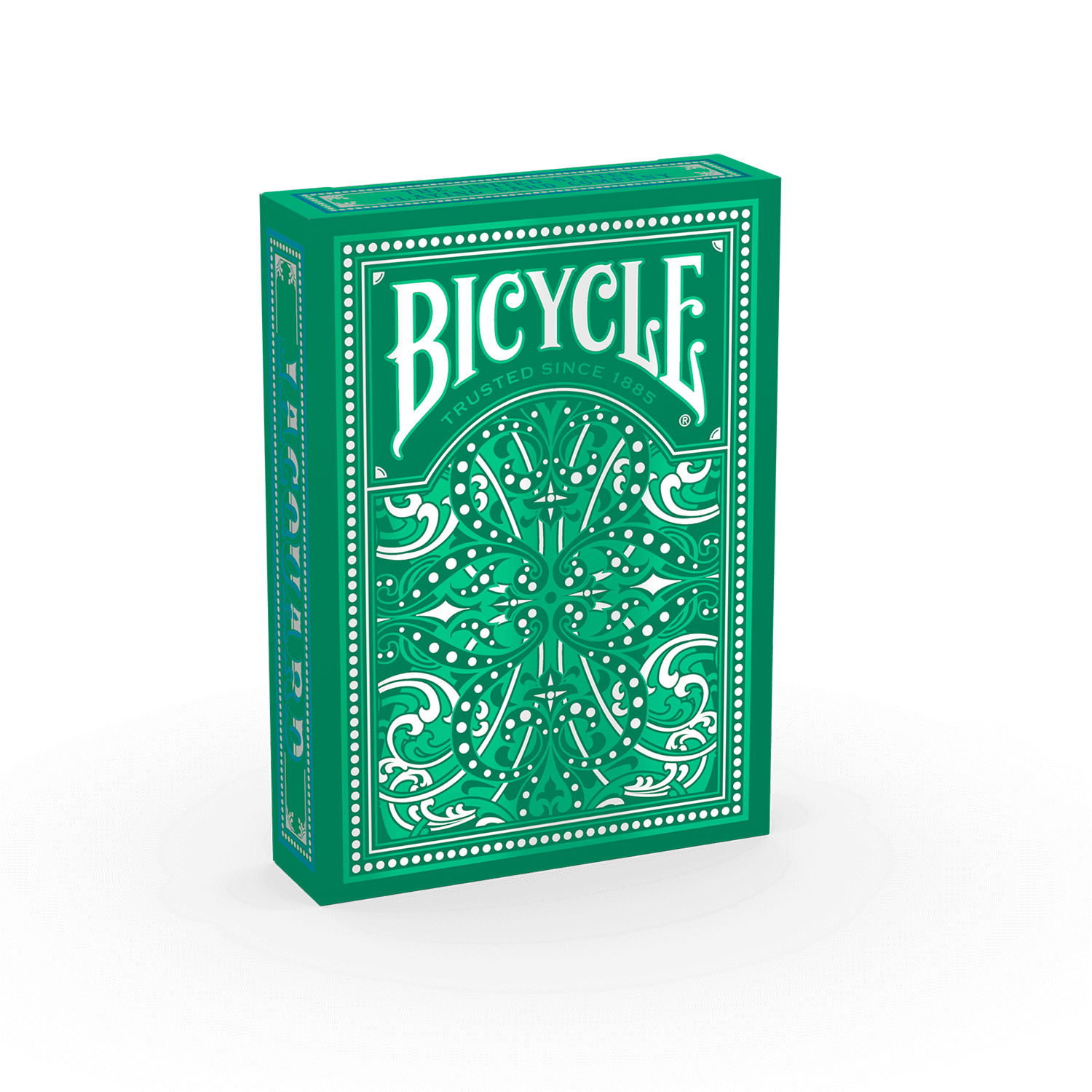 Eine Bicycle Creatives Jacquard Kartenschachtel steht mit sichtbarer Vorderseite vor einem weißem Hintergrund.