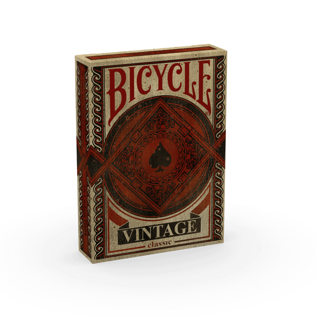 Eine Bicycle Creatives Vintage Kartenschachtel steht mit sichtbarer Vorderseite vor einem weißem Hintergrund.