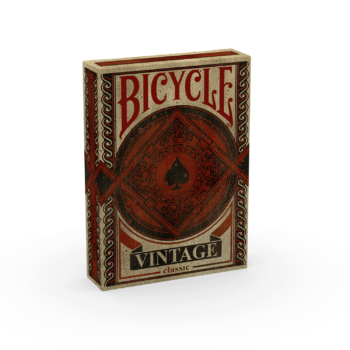 Eine Bicycle Creatives Vintage Kartenschachtel steht mit sichtbarer Vorderseite vor einem weißem Hintergrund.