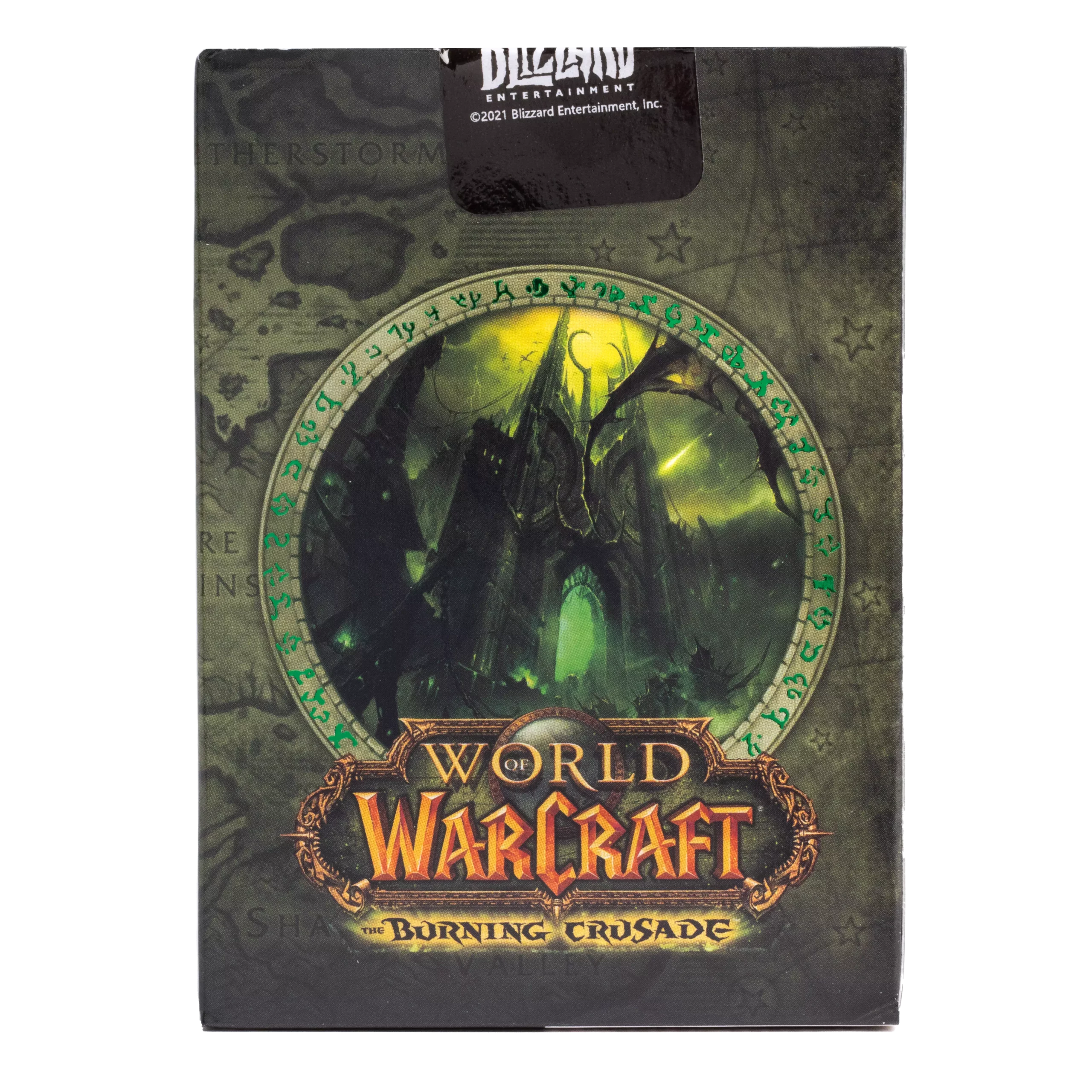 Eine Bicycle Creatives Bicycle World of Warcraft Burning Crusade Kartenschachtel steht mit sichtbarer Rückseite vor einem weißem Hintergrund.