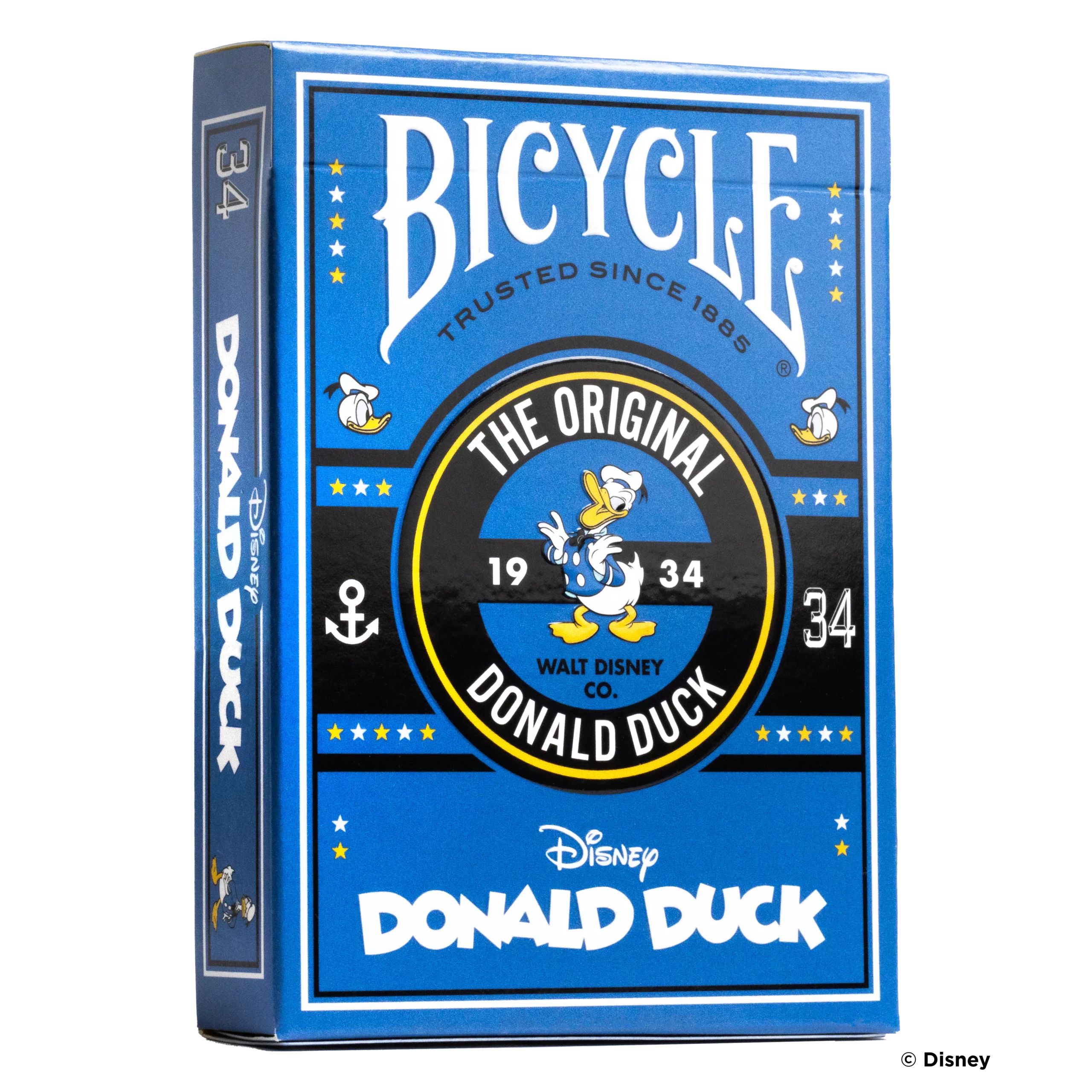 Eine Bicycle Disney Classic Donald Duck Inspired Kartenschachtel steht mit sichtbarer Vorderseite vor einem weißem Hintergrund.