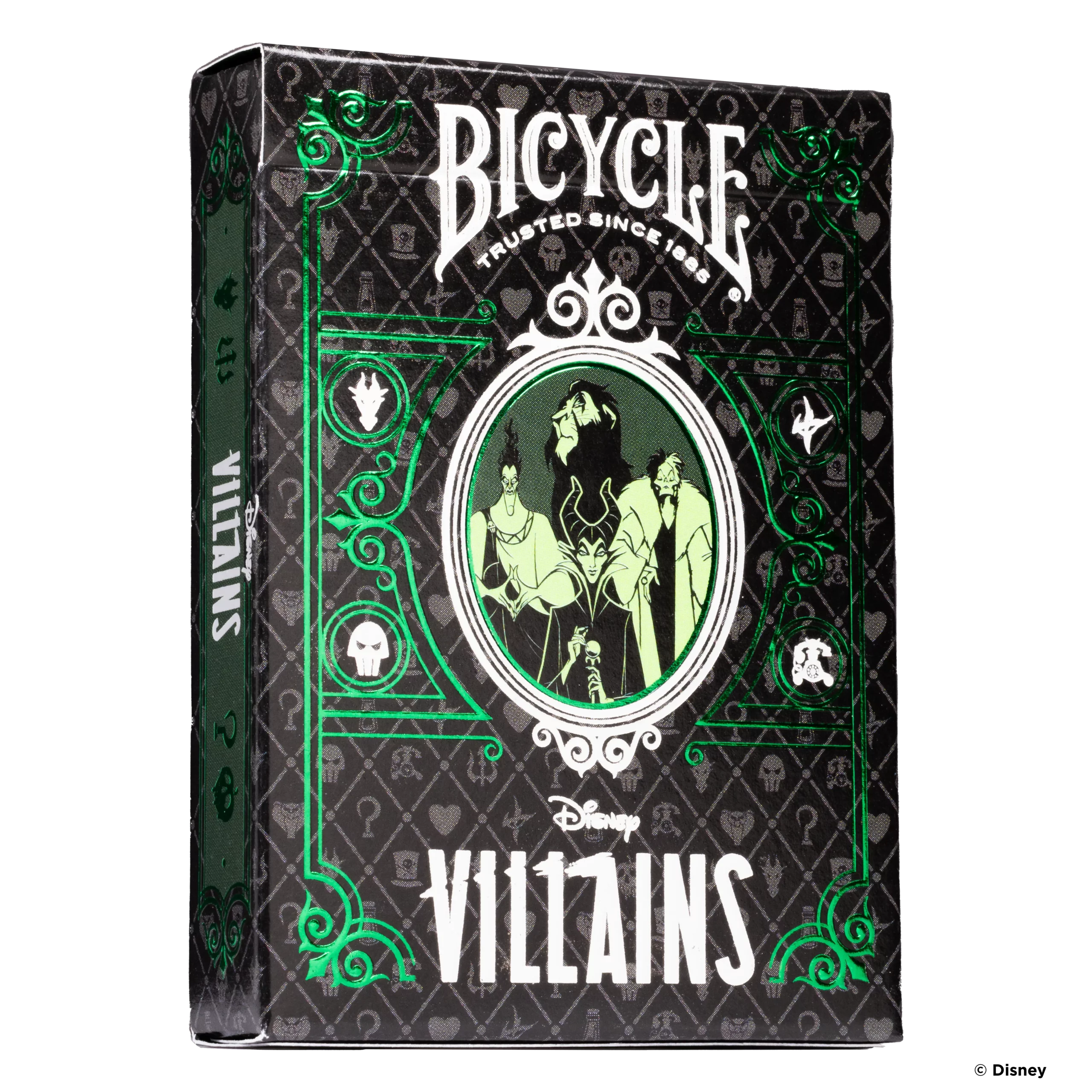 Eine Bicycle Creatives Bicycle Disney Villains green grün Kartenschachtel steht mit sichtbarer Vorderseite vor einem weißem Hintergrund.