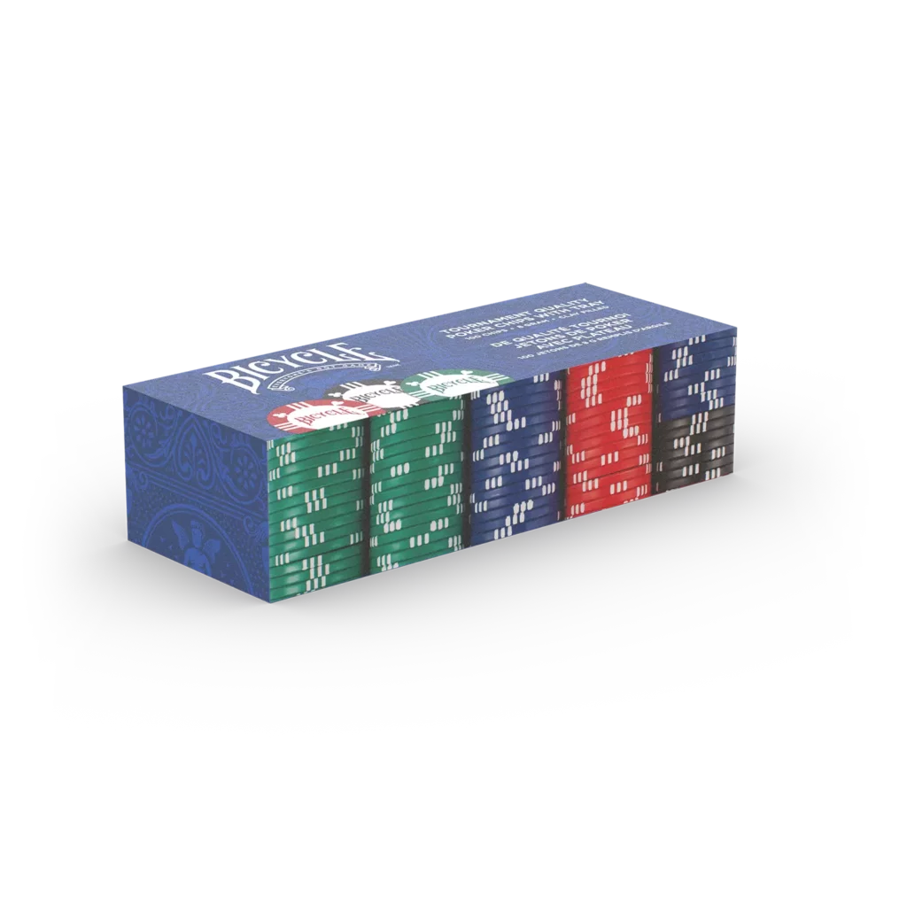 Eine Bicycle originals Poker Chips Schachtel steht mit sichtbarer Vorderseite vor einem weißem Hintergrund.
