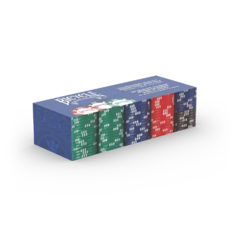 Eine Bicycle originals Poker Chips Schachtel steht mit sichtbarer Vorderseite vor einem weißem Hintergrund.