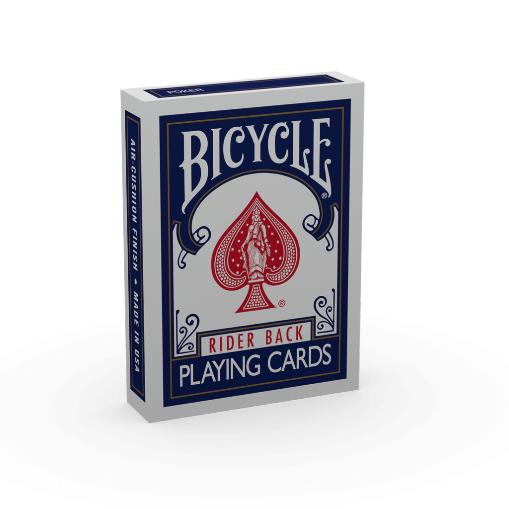Eine Bicycle Trick Deck Rider Back Standard Index 807 Classic Tuck Blau Blue Kartenschachtel steht mit sichtbarer Vorderseite vor einem weißem Hintergrund.