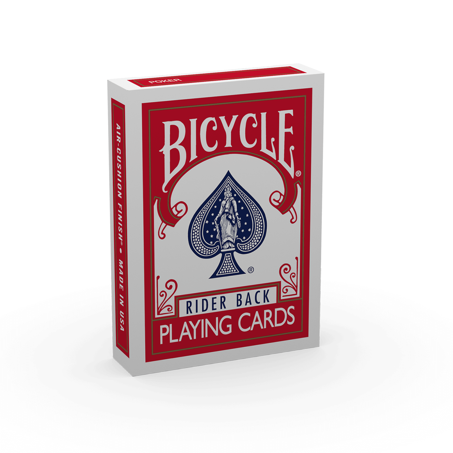 Eine Bicycle Trick Deck Rider Back Standard Index 807 Classic Tuck Rot Red Kartenschachtel steht mit sichtbarer Vorderseite vor einem weißem Hintergrund.