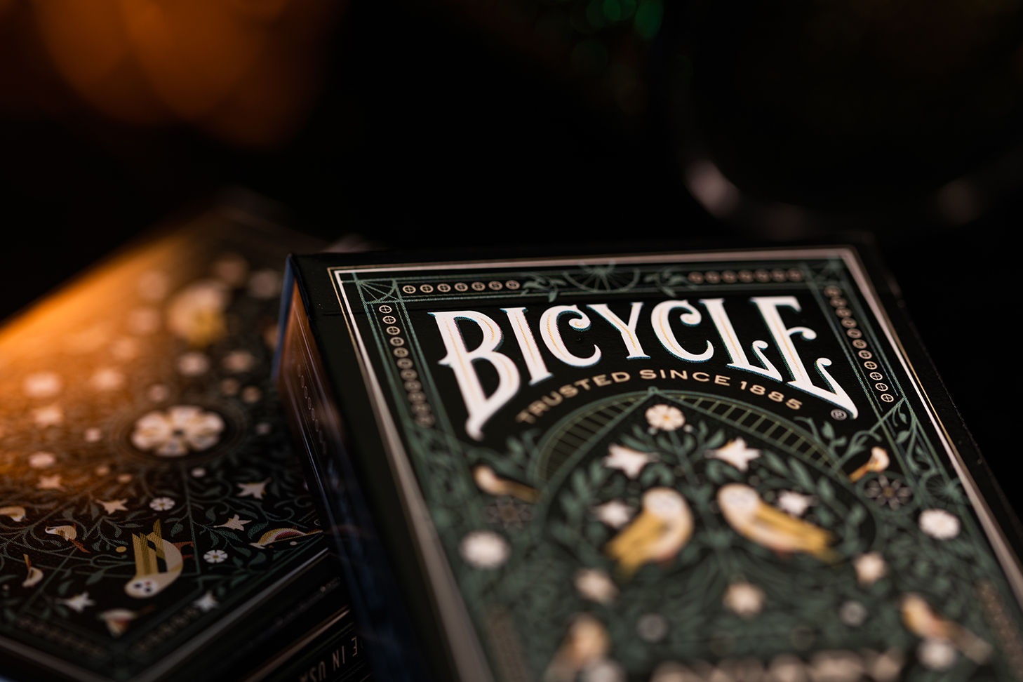 Zwei Bicycle Creatives Aviary Kartenschachteln liegen mit jeweils sichtbarer Vorder und Rückseite übereinander vor einem dunklem Hintergrund.