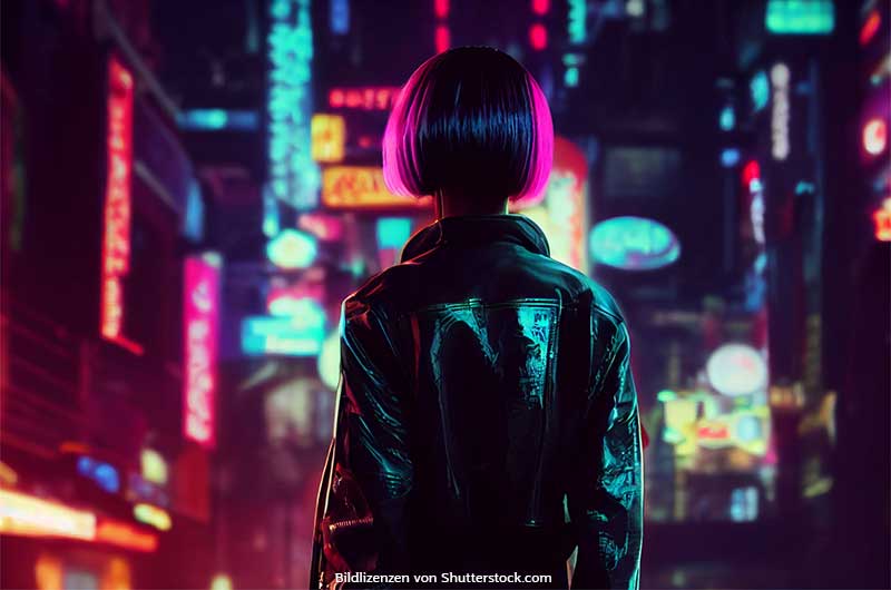 Frau mit pinken Haaren steht vor einer futuristischen Stadt voller Neonlichter. Cyberpunk-Spiele, Bicycle Spielkarten