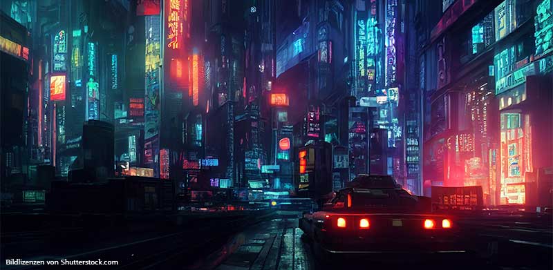 Futuristische Stadt mit Neon-Lichtern bei Nacht im Vordergrund ein Auto. Cyberpunk-Spiele, Bicycle Spielkarten