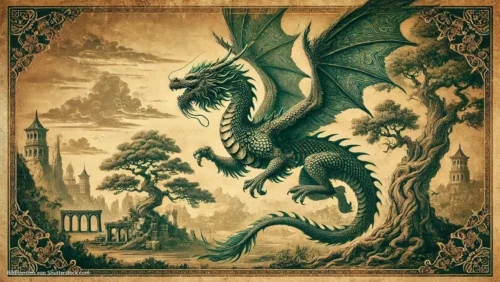 Alte Zeichnung eines Drachen aus dem antiken China. Drachen-Spiele, Bicycle Spielkarten